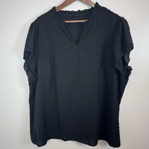 Shein Curve Womens 3X Swiss Dot Peasant Cottage Core Blouse Black V Neck